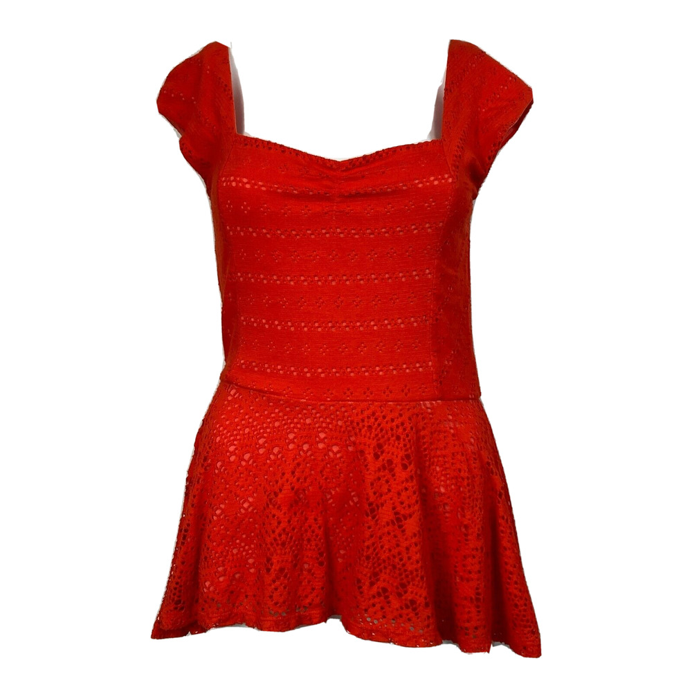Anthropologie Postmark Shirt‎ Womens Sz S Red Eyelet Peplum Stretch Cap Sleeve